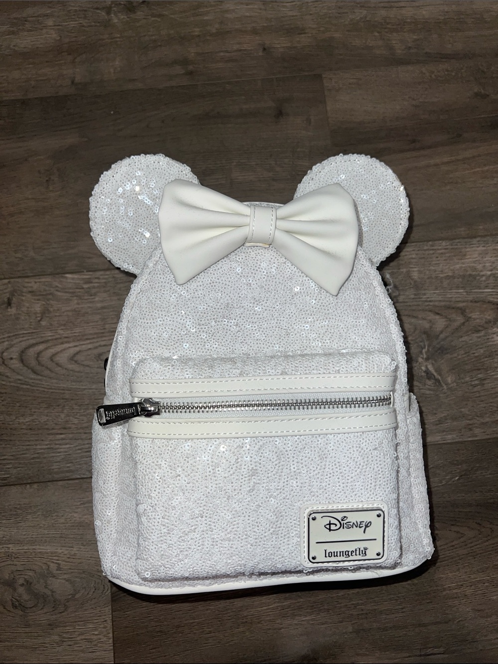 Loungefly White Sequin Minnie Ear Backpack with Bow